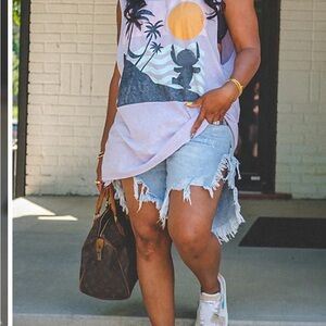 Graphic Tank Top and Distressed Denim Shorts